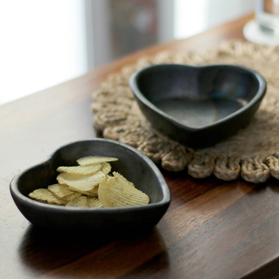 Ceramic bowls, 'Heart Saga' (pair) - Pair of Handcrafted Heart-Shaped Black Ceramic Bowls