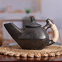 Ceramic tea kettle, 'Mysterious Flavors' - Natural Fiber Accented Black Ceramic Tea Kettle from India