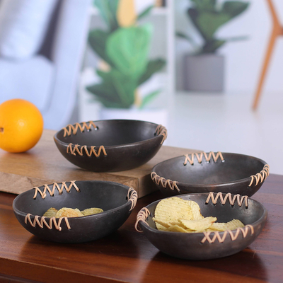 Ceramic bowls, 'Classic Saga' (set of 4) - Set of 4 Handcrafted Round Black Ceramic Bowls