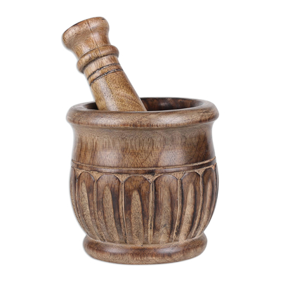 Wood mortar and pestle, 'Aesthetic Essence' - Hand-Carved Wood Mortar and Pestle with Burnt Finish