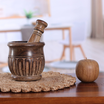 Wood mortar and pestle, 'Aesthetic Essence' - Hand-Carved Wood Mortar and Pestle with Burnt Finish