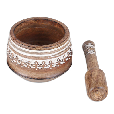 Wood mortar and pestle, 'Rustic Flavor' - Floral-Themed Wood Mortar & Pestle with Distressed Finish