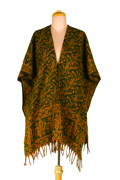 Woven ruana, 'Into the Green' - Yellow and Green Open Front Fringed Floral Ruana