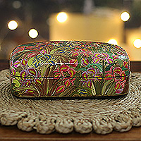 Wood and papier mache decorative box, 'Floral Glam' - Hand-Painted Wood Papier Mache Floral & Leaf Decorative Box