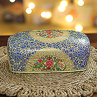 Caja decorativa de madera y papel maché, 'Blue Kashmir' - Caja decorativa de papel maché de madera con temática floral pintada a mano
