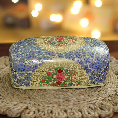 Wood and papier mache decorative box, 'Blue Kashmir' - Hand-Painted Floral-Themed Wood Papier Mache Decorative Box