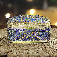 Wood and papier mache decorative box, 'Blue Garden' - Hand-Painted Blue Wood Papier Mache Floral Decorative Box