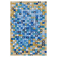 „Großmutters Quilt“ – signiertes abstraktes blaues und gelbes Aquarell auf Papiermalerei