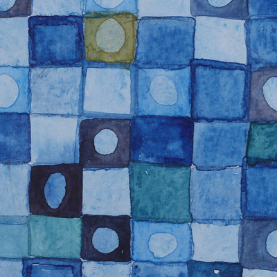 'Abuela's Quilt' - Acuarela abstracta azul y amarilla firmada sobre pintura de papel