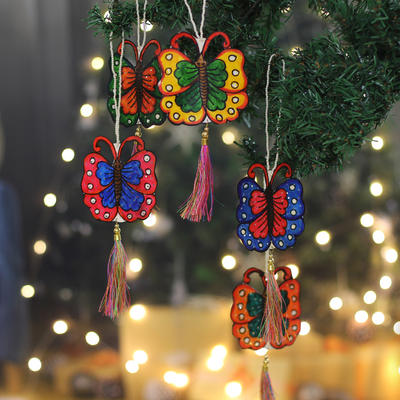 Leather ornaments, 'Elysium Butterflies' (set of 5) - Set of 5 Hand-Painted Butterfly Leather Ornaments