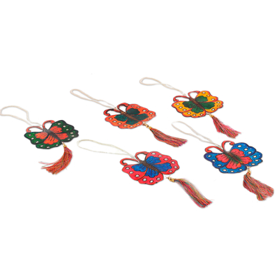 Leather ornaments, 'Elysium Butterflies' (set of 5) - Set of 5 Hand-Painted Butterfly Leather Ornaments