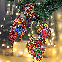 Leather ornaments, 'The Divine' (set of 6) - Set of 6 Painted Traditional Hindu God Leather Ornaments