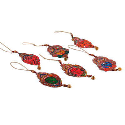 Leather ornaments, 'The Divine' (set of 6) - Set of 6 Painted Traditional Hindu God Leather Ornaments