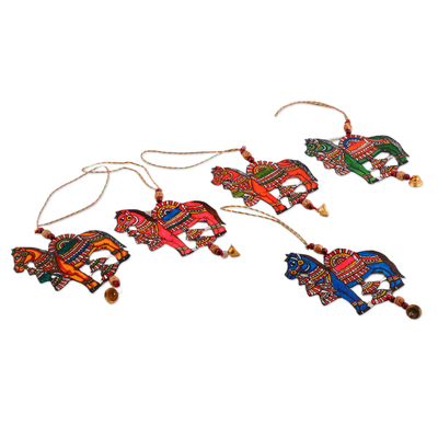 Leather ornaments, 'Elysium Horses' (set of 5) - Set of 5 Hand-Painted Horse Leather Ornaments