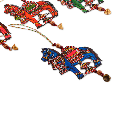 Leather ornaments, 'Elysium Horses' (set of 5) - Set of 5 Hand-Painted Horse Leather Ornaments
