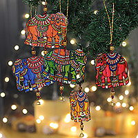 Leather ornaments, 'Elysium Elephants' (set of 5) - Set of 5 Hand-Painted Elephant Leather Ornaments