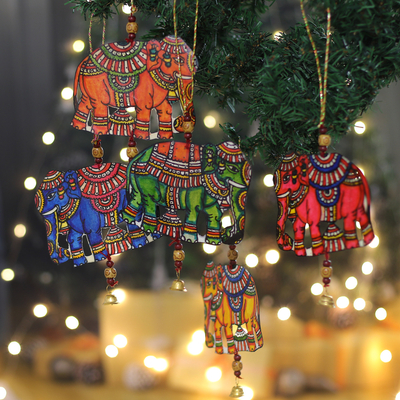 Leather ornaments, 'Elysium Elephants' (set of 5) - Set of 5 Hand-Painted Elephant Leather Ornaments