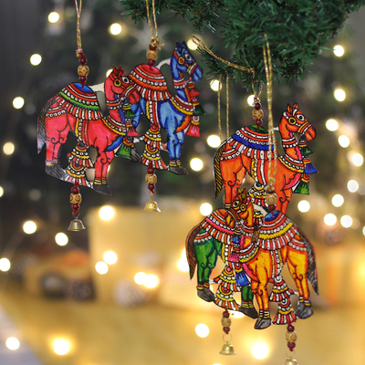 Leather ornaments, 'Elysium Camels' (set of 5) - Set of 5 Hand-Painted Camel Leather Ornaments