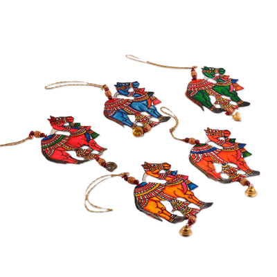 Leather ornaments, 'Elysium Camels' (set of 5) - Set of 5 Hand-Painted Camel Leather Ornaments