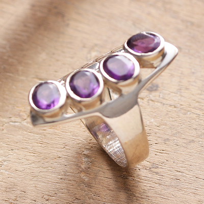 Amethyst cocktail ring, 'Glorious Wisdom' - Sterling Silver Cocktail Ring with 4-Carat Amethyst Gems
