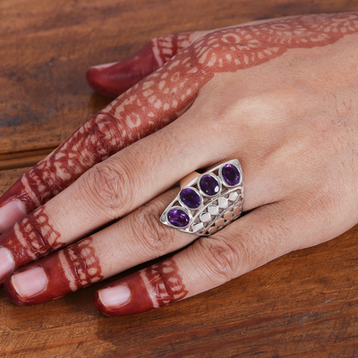 Amethyst cocktail ring, 'Glorious Wisdom' - Sterling Silver Cocktail Ring with 4-Carat Amethyst Gems