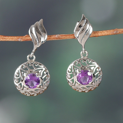 Rhodium-plated amethyst dangle earrings, 'Lilac Swirl' - Rhodium-Plated Dangle Earrings with One-Carat Amethyst Gems