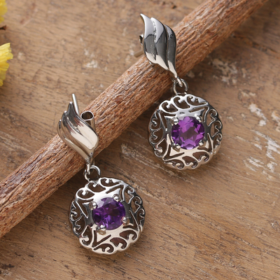 Rhodium-plated amethyst dangle earrings, 'Lilac Swirl' - Rhodium-Plated Dangle Earrings with One-Carat Amethyst Gems