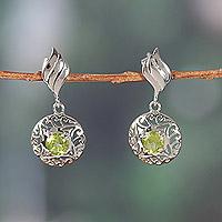 Rhodium-plated peridot dangle earrings, 'Green Swirl'