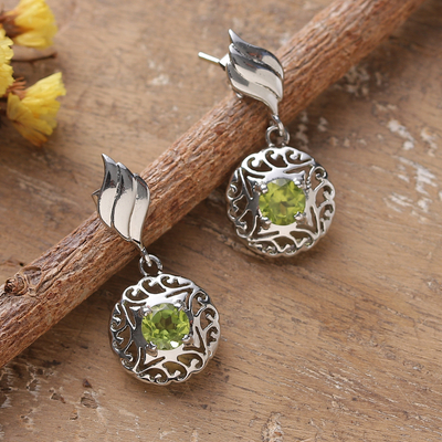 Rhodium-plated peridot dangle earrings, 'Green Swirl' - Rhodium-Plated Dangle Earrings with One-Carat Peridot Gems