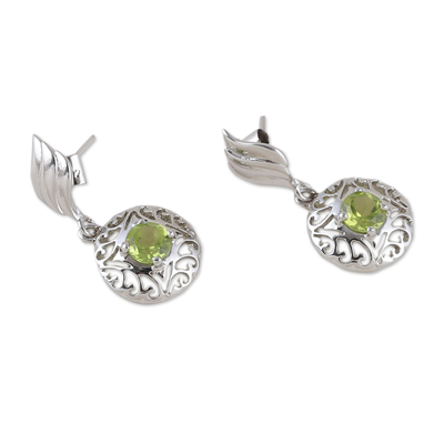 Rhodium-plated peridot dangle earrings, 'Green Swirl' - Rhodium-Plated Dangle Earrings with One-Carat Peridot Gems