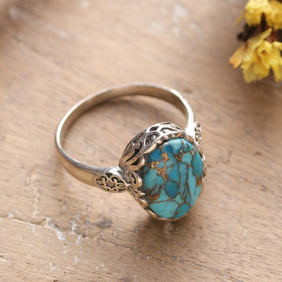 Sterling silver cocktail ring, 'Palatial Beauty' - Polished Floral Oval Composite Turquoise Cocktail Ring