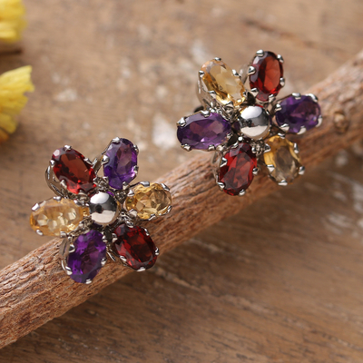 Rhodium-plated multi-gemstone button earrings, 'Dream Petals' - Floral Rhodium-Plated 6-Carat Multi-Gemstone Button Earrings