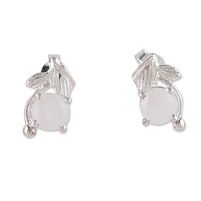 Rhodium-plated rainbow moonstone stud earrings, 'Oneiric Leaf' - Rhodium-Plated Sterling Silver Rainbow Moonstone Earrings