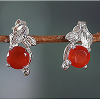 Rhodium-plated carnelian stud earrings, 'Flaming Leaf'