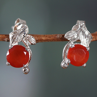 Rhodium-plated carnelian stud earrings, 'Flaming Leaf' - Rhodium-Plated Sterling Silver Carnelian Stud Earrings