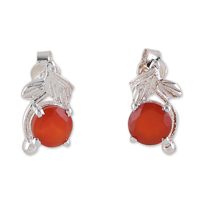 Rhodium-plated carnelian stud earrings, 'Flaming Leaf' - Rhodium-Plated Sterling Silver Carnelian Stud Earrings