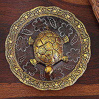 Aluminum centerpiece, 'Divine Turtle' - Antique Golden Turtle-Themed Aluminum and Glass Centerpiece