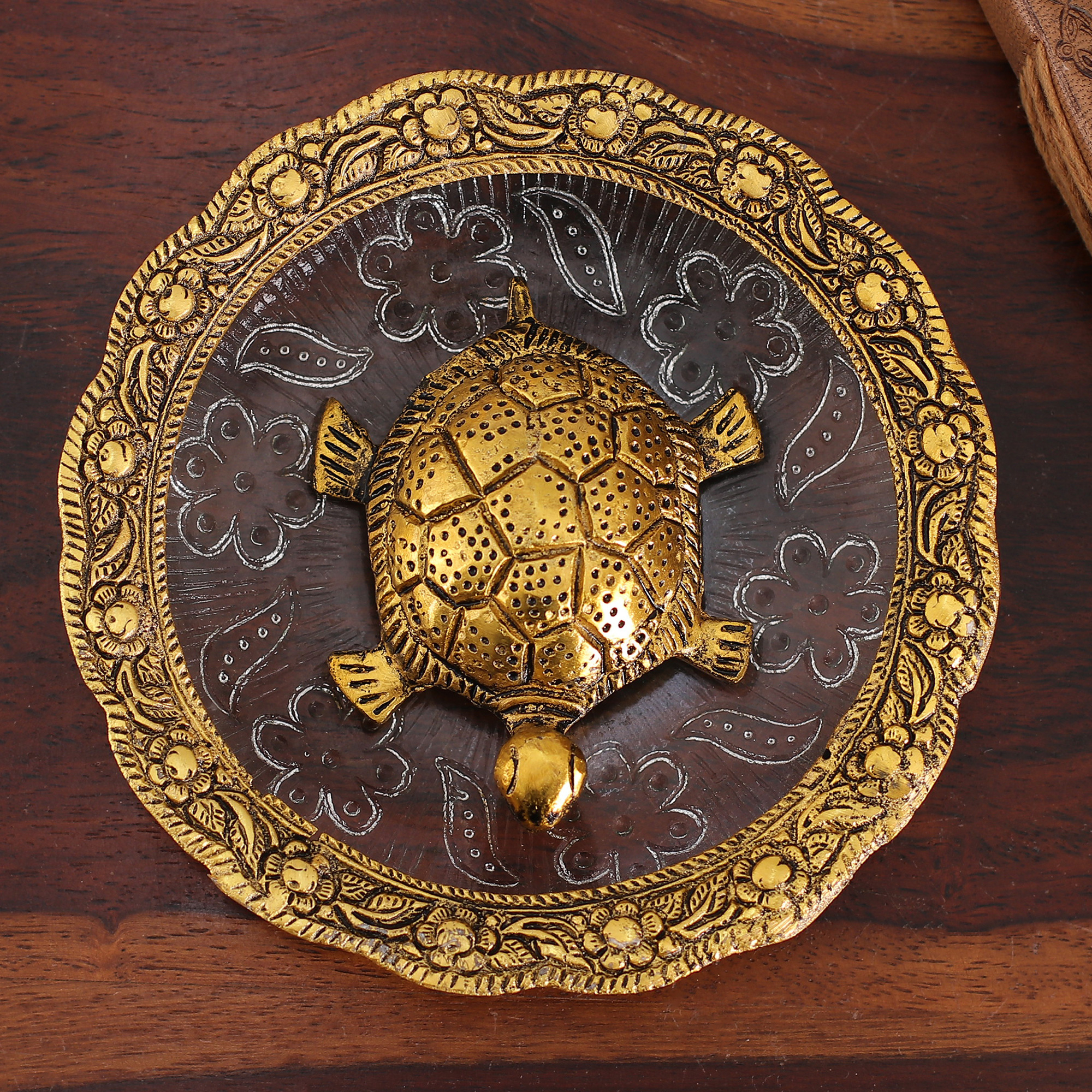 Antique Golden Turtle-Themed Aluminum and Glass Centerpiece - Divine Turtle