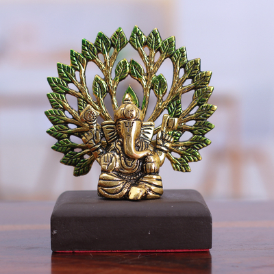 Aluminum sculpture, 'Ganesha in Calmness' - Antique Finished Leafy Ganesha Golden Aluminum Sculpture