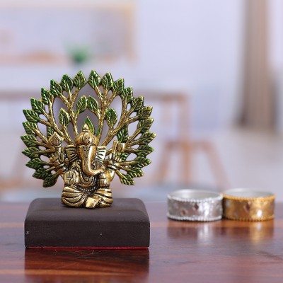 Aluminum sculpture, 'Ganesha in Calmness' - Antique Finished Leafy Ganesha Golden Aluminum Sculpture