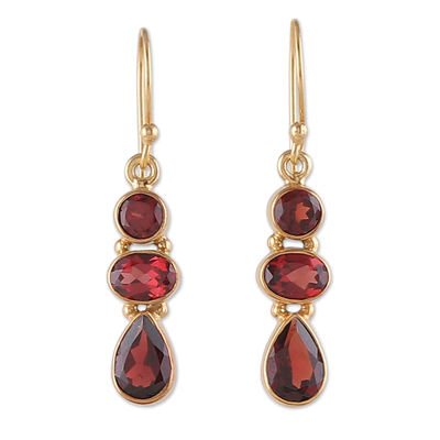 Gold-plated garnet dangle earrings, 'Crimson Dazzle' - 22k Gold-Plated Dangle Earrings with 6-Carat Garnet Gems