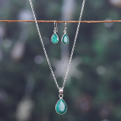 Conjunto de joyas con esmeraldas - conjunto de joyería de collar y aretes de esmeralda facetada de 18 quilates