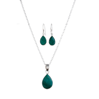 Emerald jewellery set, 'Blissful Emerald' - 18-Carat Faceted Emerald Necklace and Earrings jewellery Set