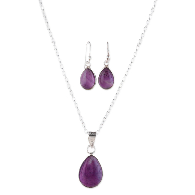 Amethyst jewelry set, 'Blissful Amethyst ' - Amethyst Cabochon Pendant Necklace and Earrings Jewelry Set