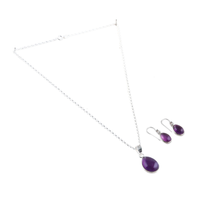 Amethyst jewellery set, 'Blissful Amethyst ' - Amethyst Cabochon Pendant Necklace and Earrings jewellery Set