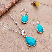 Sterling silver jewelry set, 'Blissful Aqua' - Reconstituted Turquoise Necklace and Earrings Jewelry Set