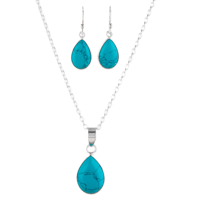 Conjunto de joyas de plata esterlina - Conjunto de joyería de collar y aretes de turquesa reconstituida