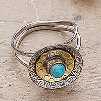 Reconstituted turquoise cocktail ring, 'Sky Bloom' - Reconstituted Turquoise Sterling Silver Brass Cocktail Ring