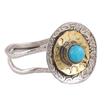 Reconstituted turquoise cocktail ring, 'Sky Bloom' - Reconstituted Turquoise Sterling Silver Brass Cocktail Ring