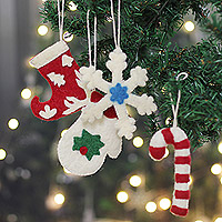 Wool felt ornaments, 'Holiday Warmth' (set of 4) - Set of Four Handcrafted Christmas-Themed Wool Felt Ornaments